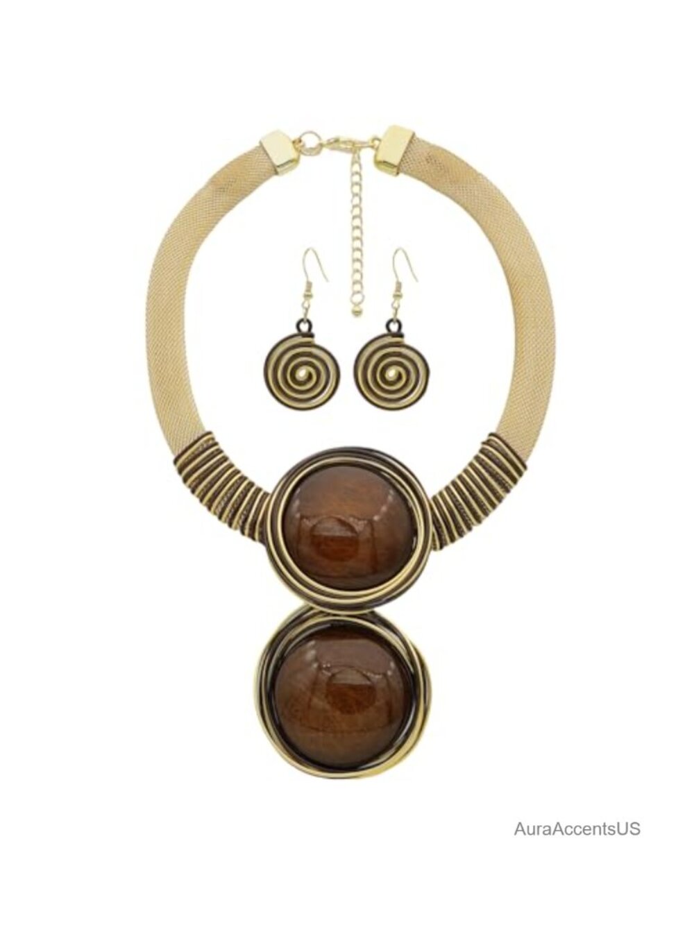 Chunky Gold Mesh Bib Collar Necklace Set Spiral Earrings Statement